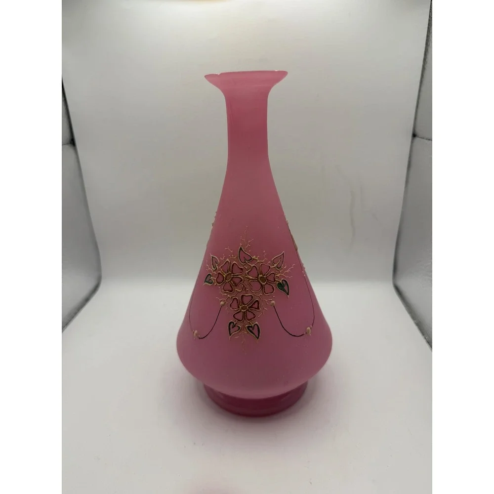 Vintage Pink Satin Frosted Glass Vase Hand Painted Gold Floral Enamel 8.5 Inch